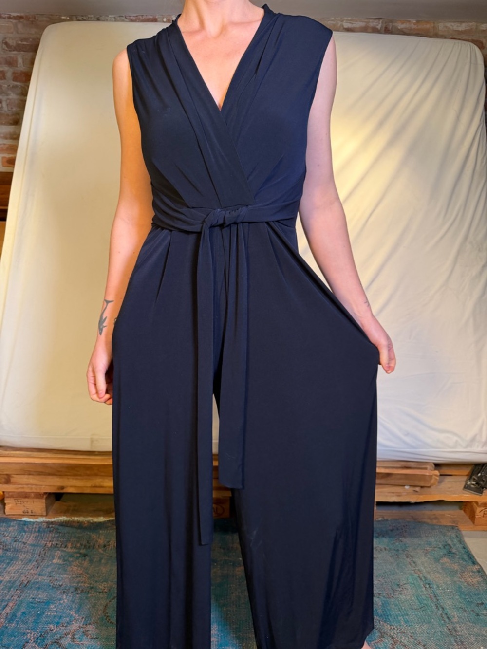 Vince Camuto Navy Sleeveless Wrap Jumpsuit with Tie Waist